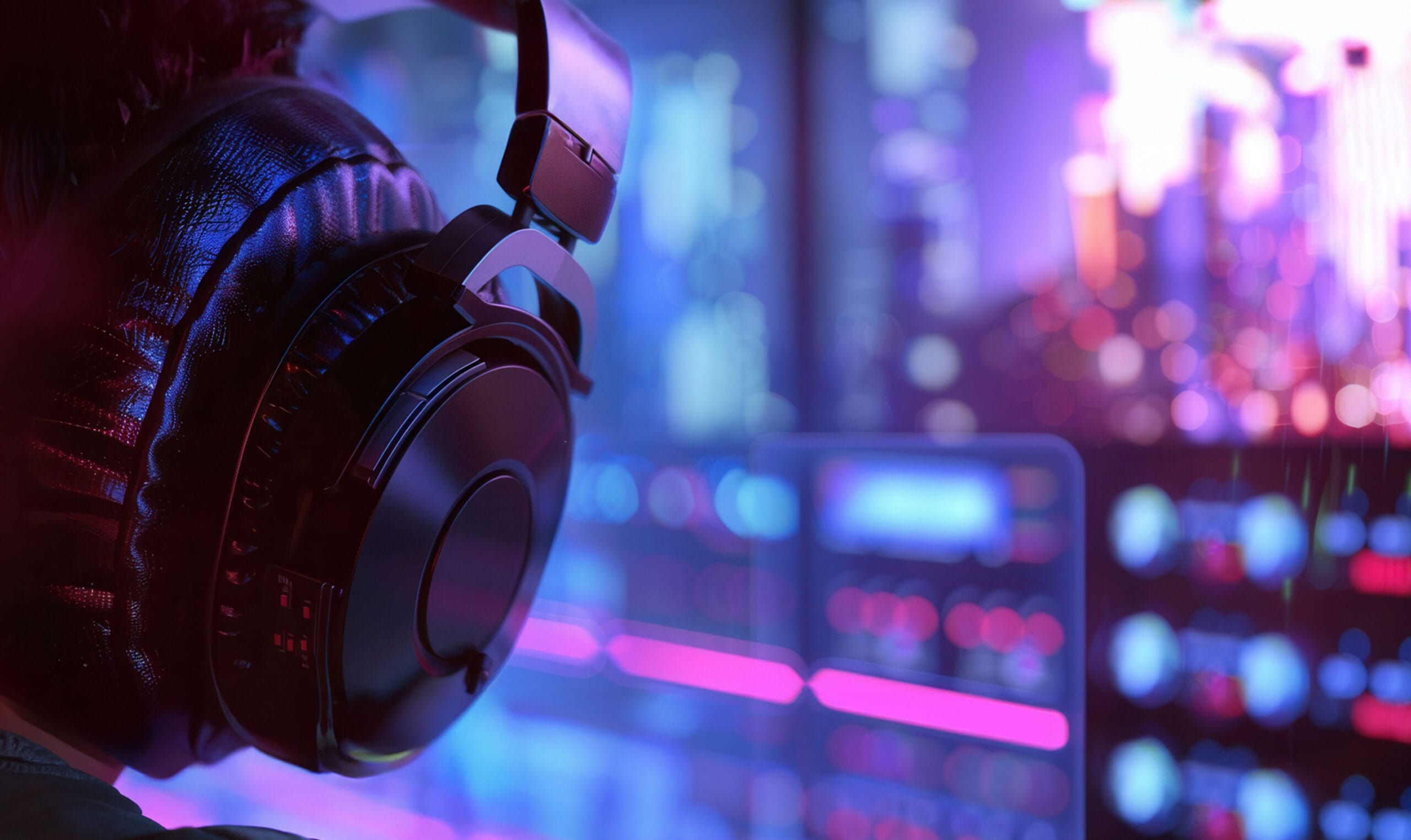 Back view of a sound engineer wearing headphones, looking at multiple blurred monitor screens in a broadcast studio