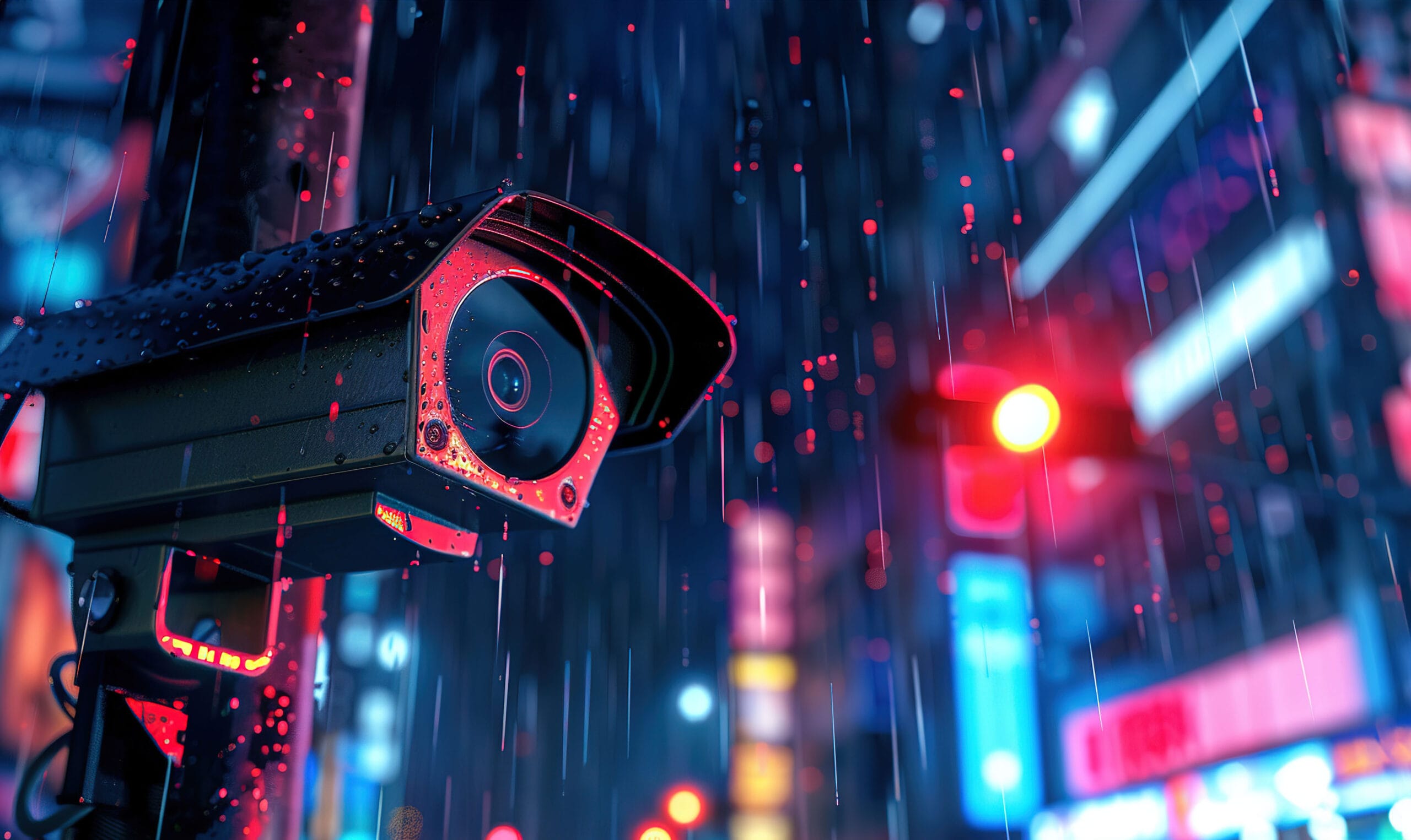 Cinematic security camera in the rain representing DCMM's advanced surveillance solutions