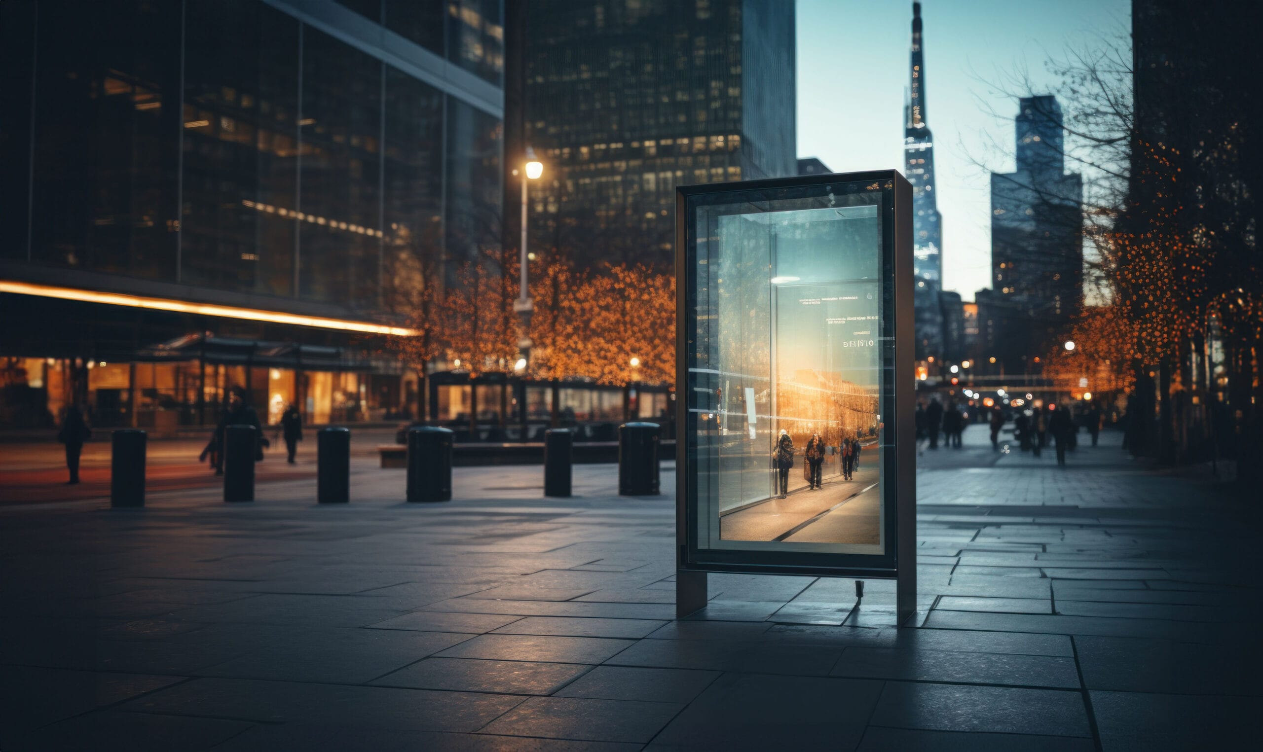 Digital LED signage in a public space with pedestrians passing by