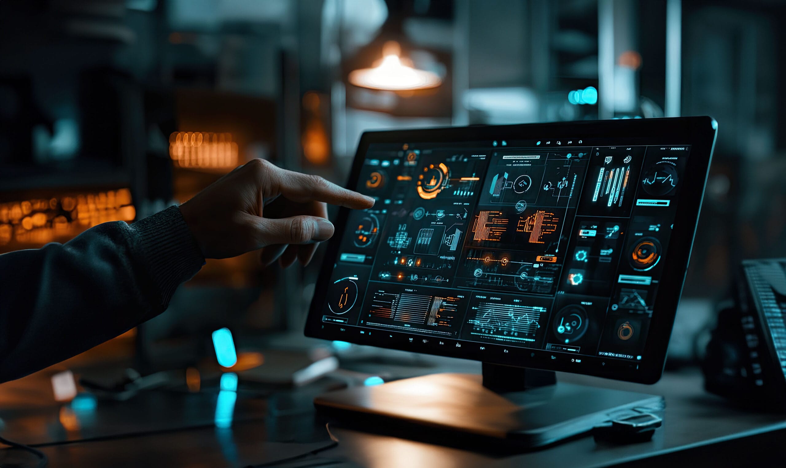 Close-up of a hand interacting with a digital command and control interface on a high-tech screen displaying various data visualizations, charts, and system controls, representing DCMM's command and control solutions