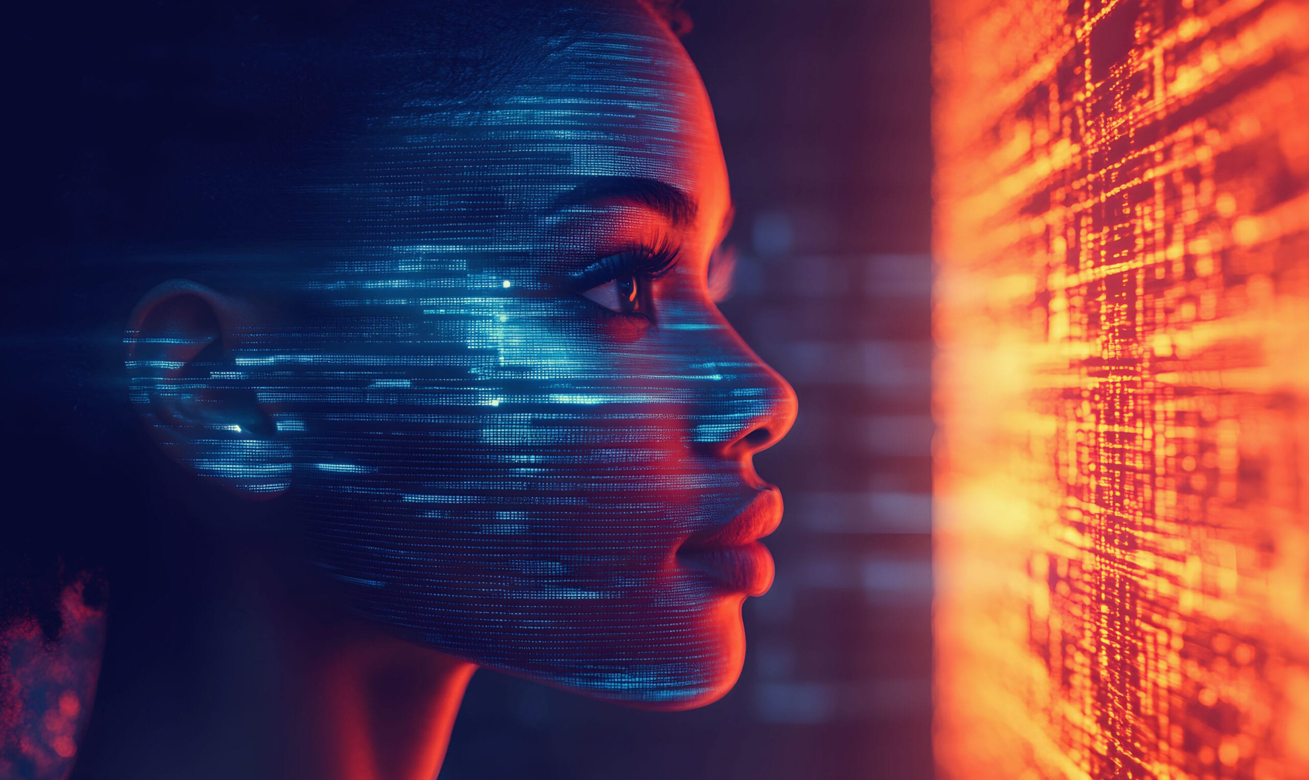 Profile of a person with a digital overlay on their face, symbolizing cybersecurity and data protection, with blue data streams flowing across their face as they look at a glowing orange data interface