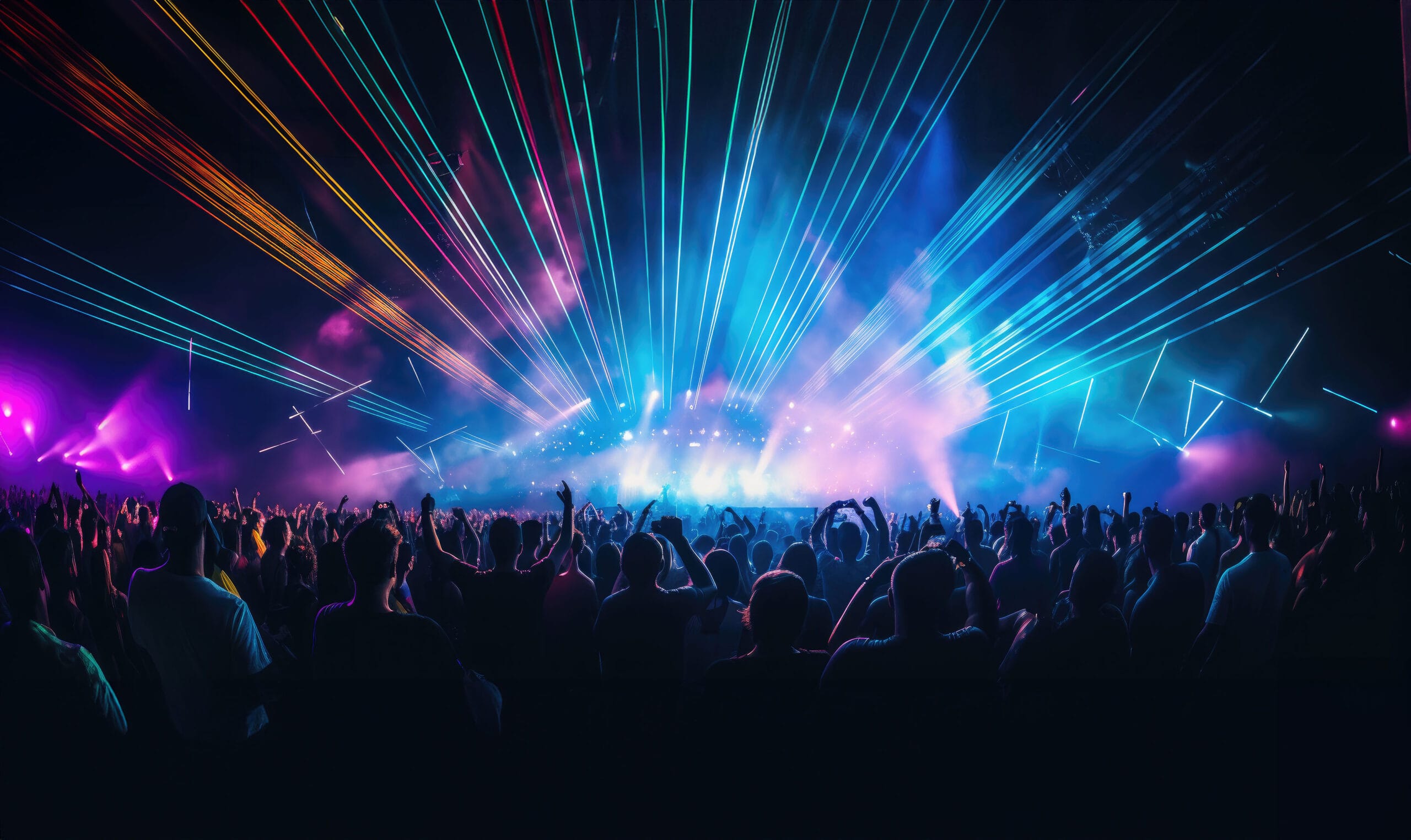 Silhouetted crowd at a live event illuminated by vibrant, colorful laser lights and fog effects, representing DCMM's event and venue lighting services