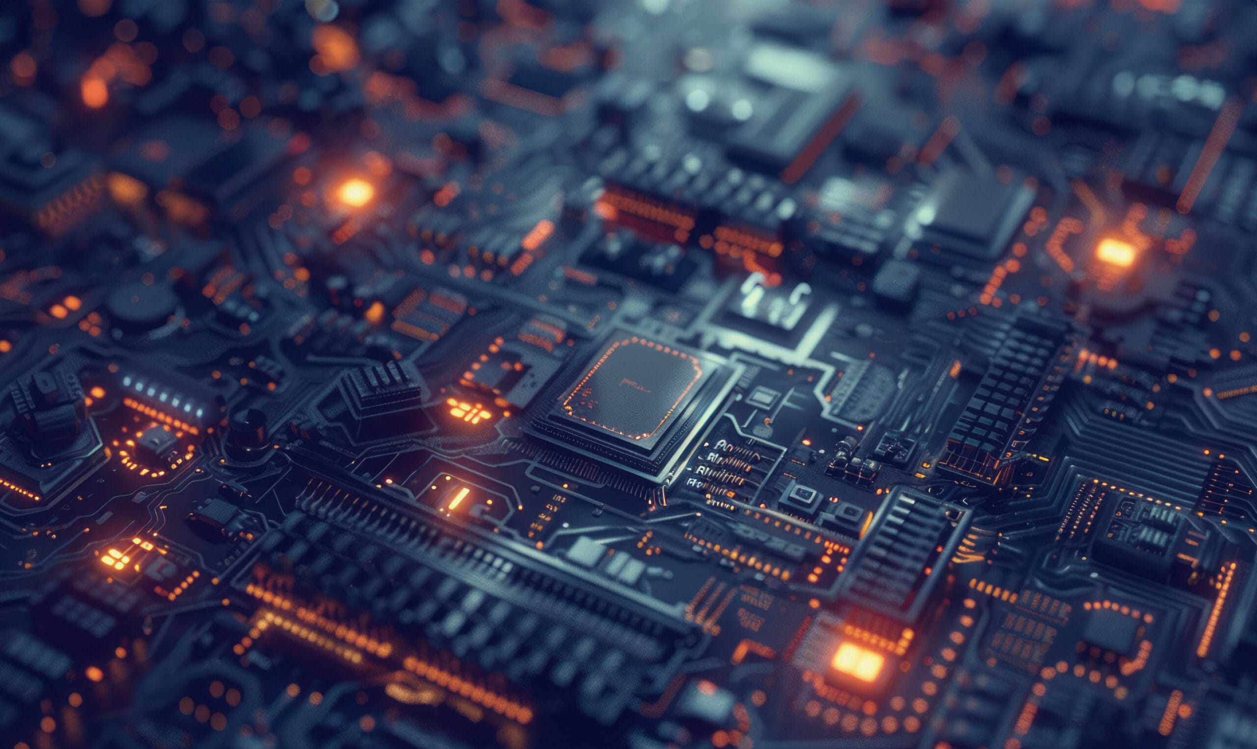 Depth of field shot of a circuit board and chip with blinking lights representing DCMM's Support and Maintenance services