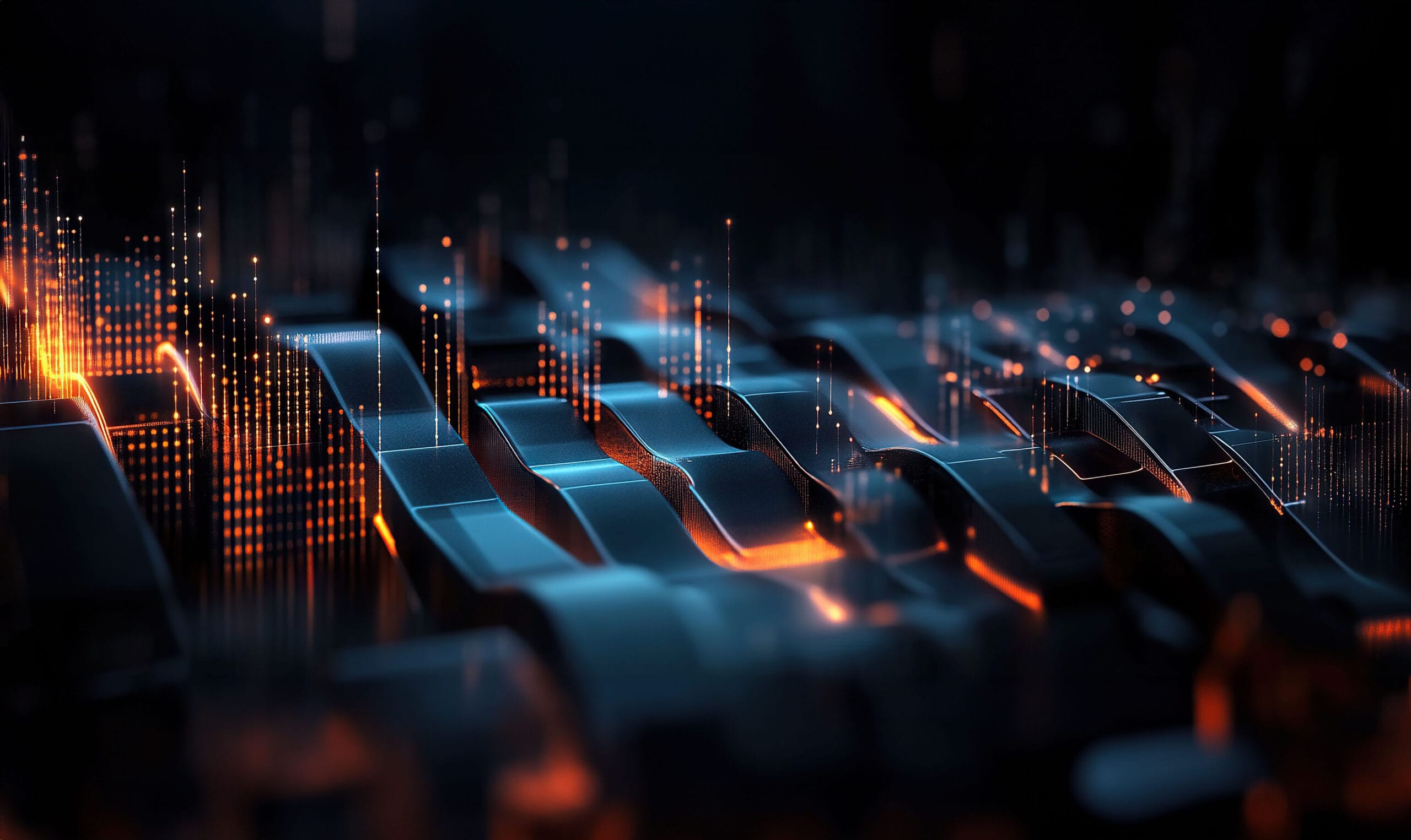 Abstract digital landscape representing a media supply chain with flowing metallic structures and vibrant orange light points resembling data streams or network connections, illustrating DCMM's advanced media supply chain solutions