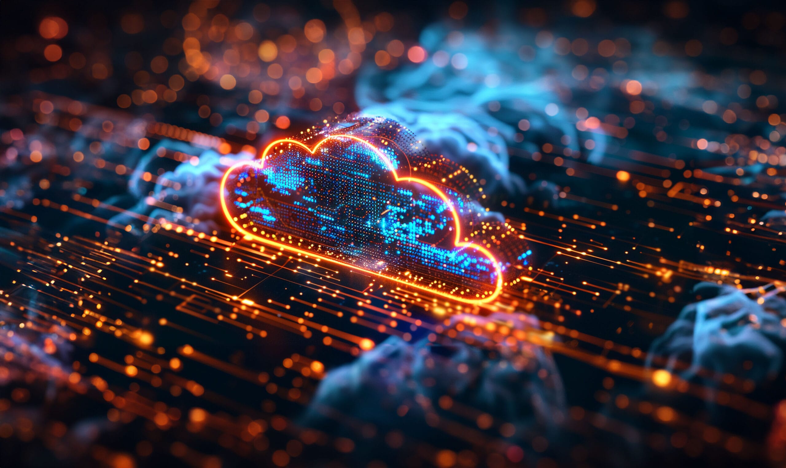 Digital illustration of a glowing cloud icon surrounded by complex data pathways and circuits, highlighted with vibrant orange and blue lights, representing DCMM's cloud solutions and network capabilities