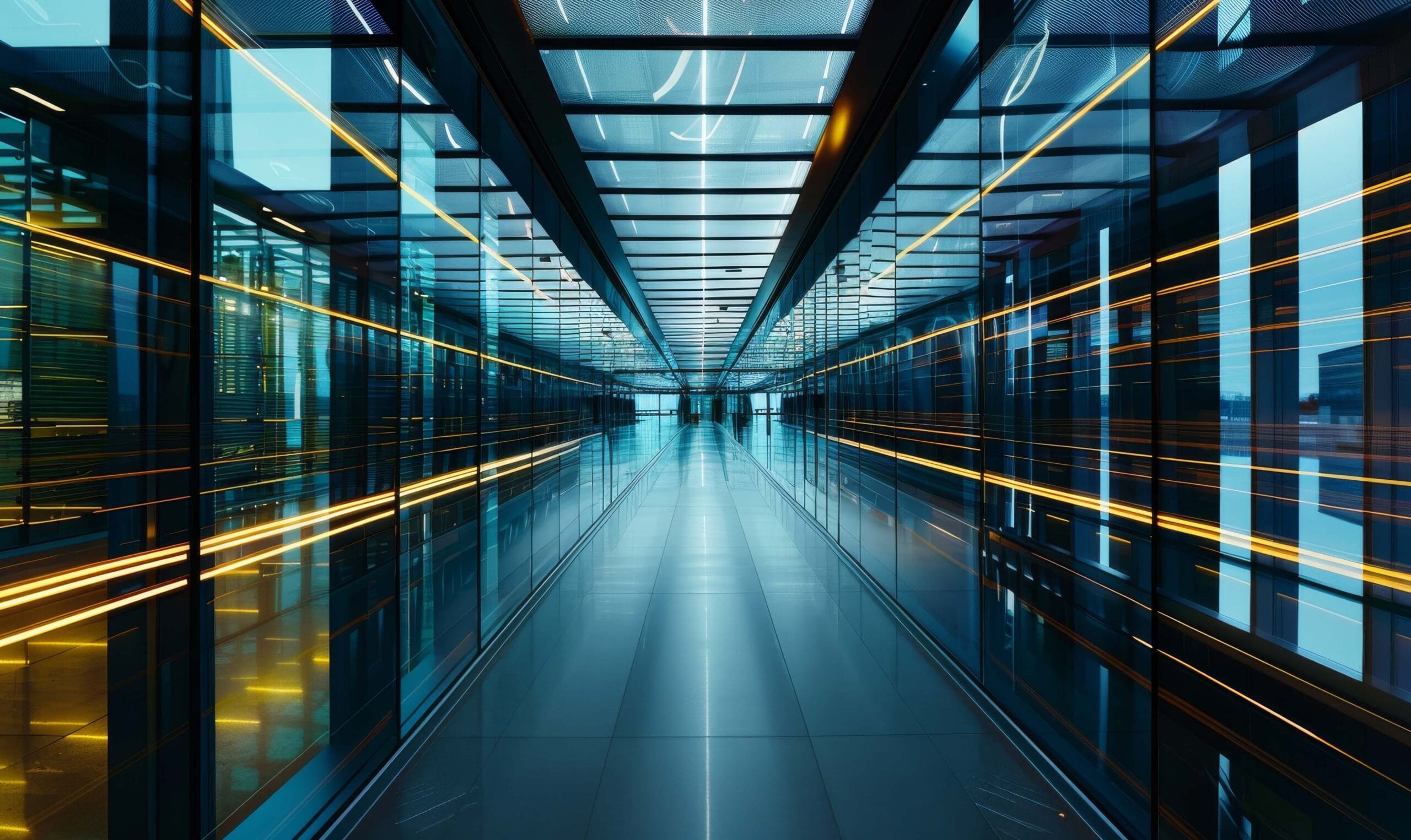 Futuristic corridor with reflective glass walls and yellow light trails symbolizing secure, high-speed access, representing DCMM's advanced security access solutions