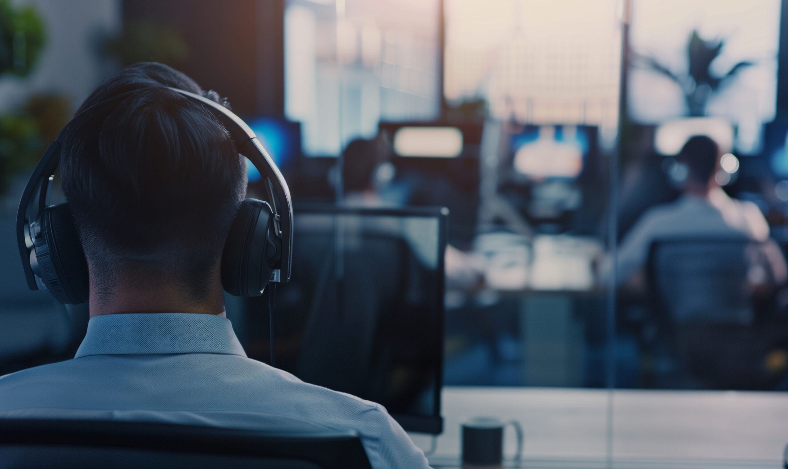 Close-up of a person wearing headphones sitting in front of a computer screen in a modern office environment, with blurred colleagues working in the background, representing DCMM's VoIP solutions for enhanced communication and collaboration