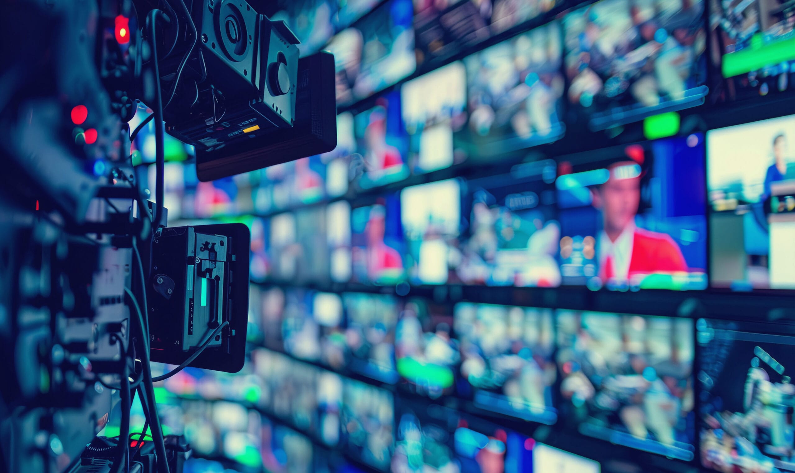 Close-up view of professional broadcast equipment with a wall of screens displaying various live video feeds, representing DCMM's advanced video broadcast capabilities