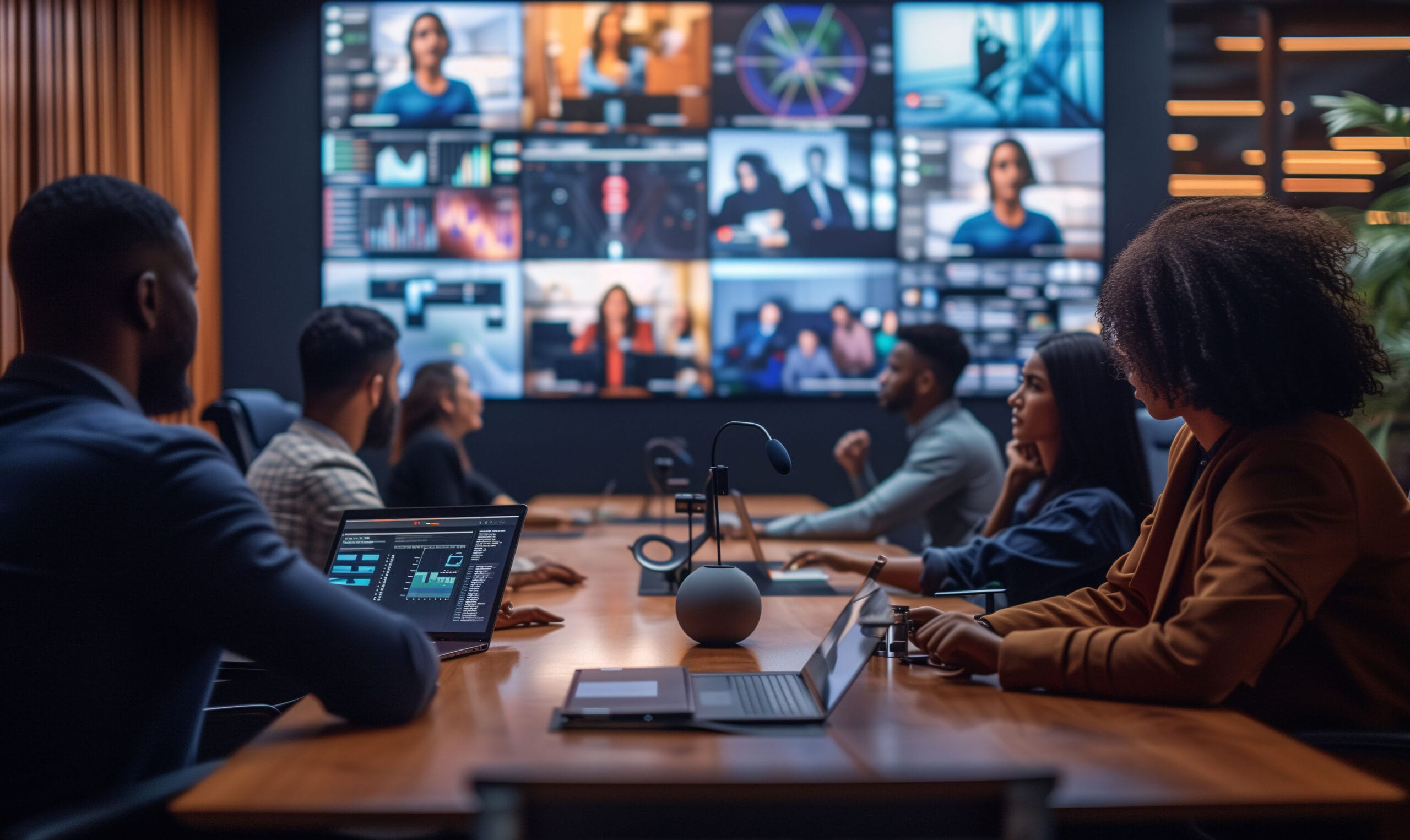 Professionals in an office setting viewing a monitor with several members in a video call, representing DCMM's video conferencing solutions